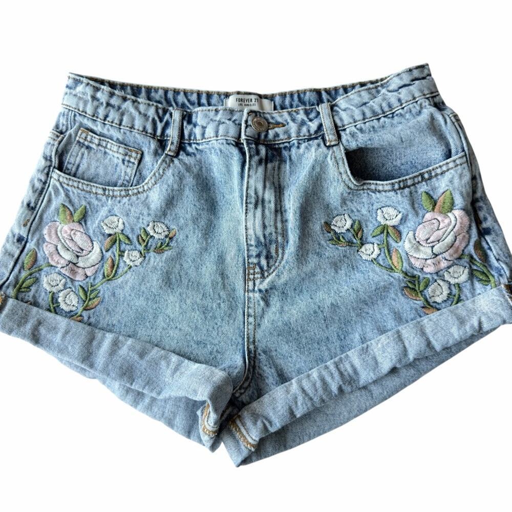 Forever 21 Blue Denim Short Shorts with Floral Embroidery Women’s Size 28